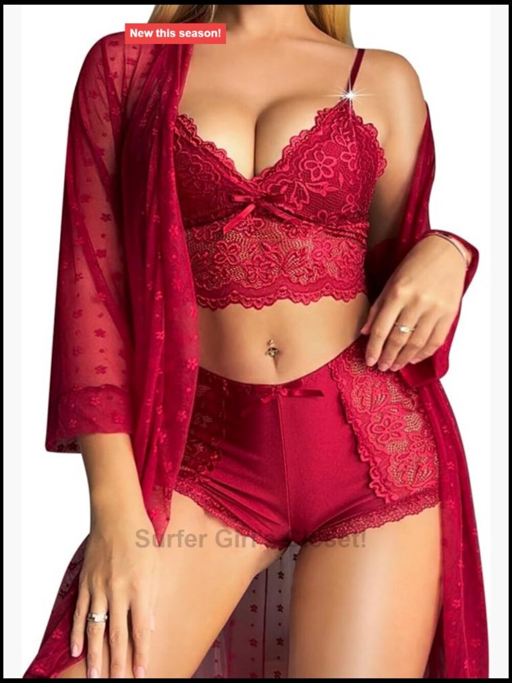 Women's 3-Piece Lace Lingerie Set with Mesh Kimono Robe & Thong